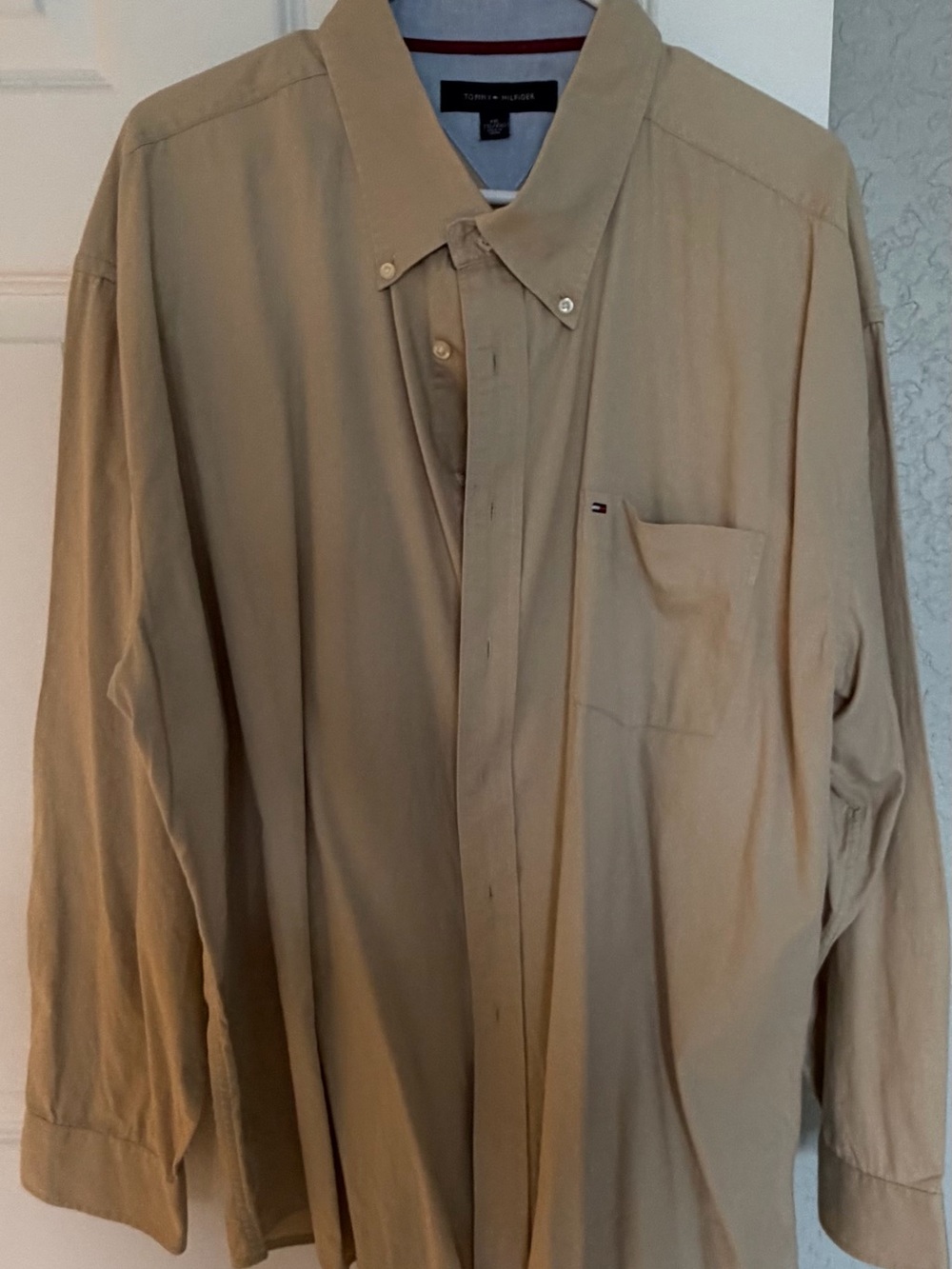 Tommy Hilfiger Khaki Button Down Shirt Men XXL Crest Logo Long Sleeve